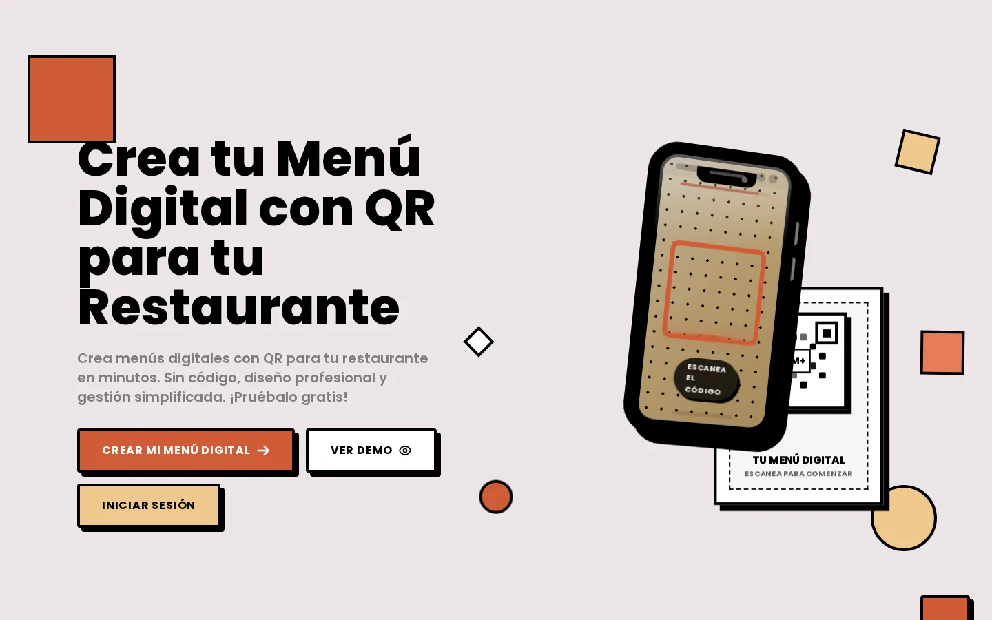 Pantalla principal de MenusQR para crear un menú digital con código QR